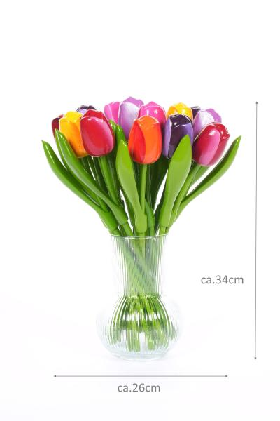 17 wooden tulips including glass vase, 34 cm high, tulip bouquet, hand-painted, decoration, gift, Made in Holland